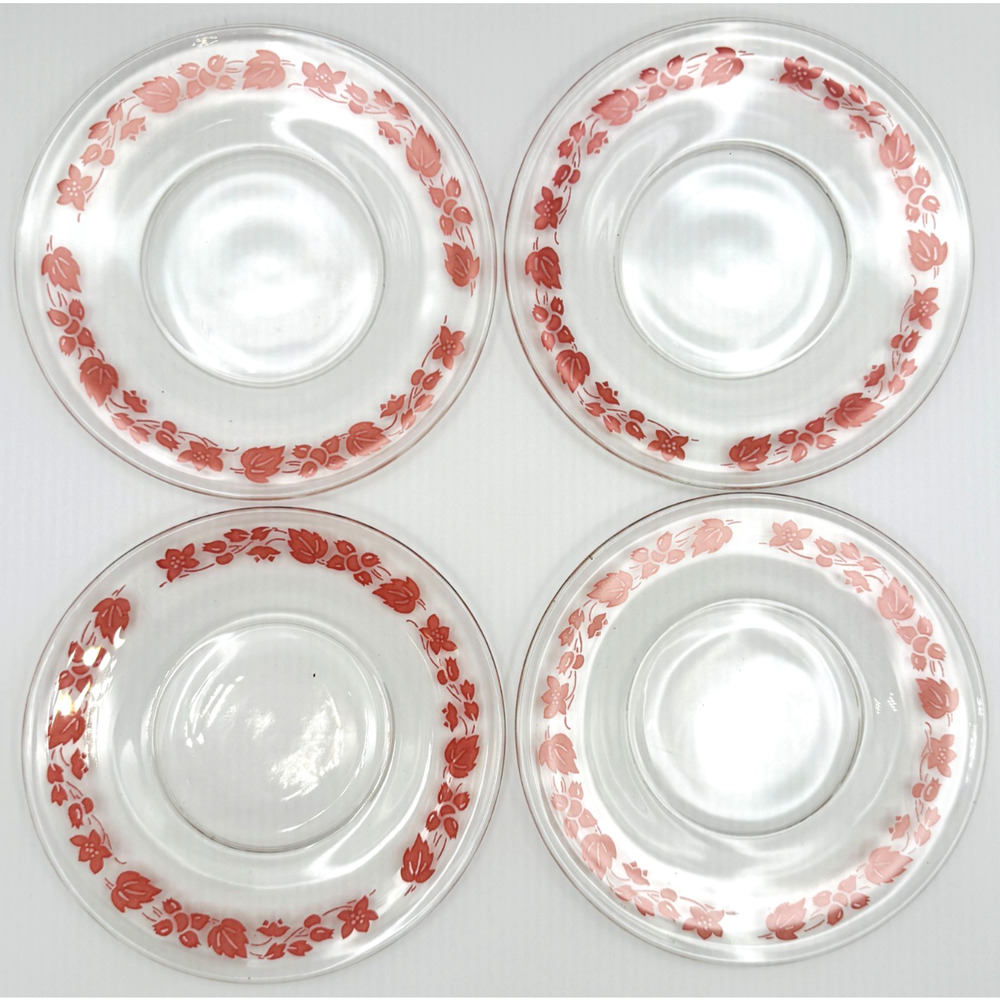 Set of 4 Pyrex Pink Gooseberry Bread Plates Clear Glass Anchor Hocking Side 6"